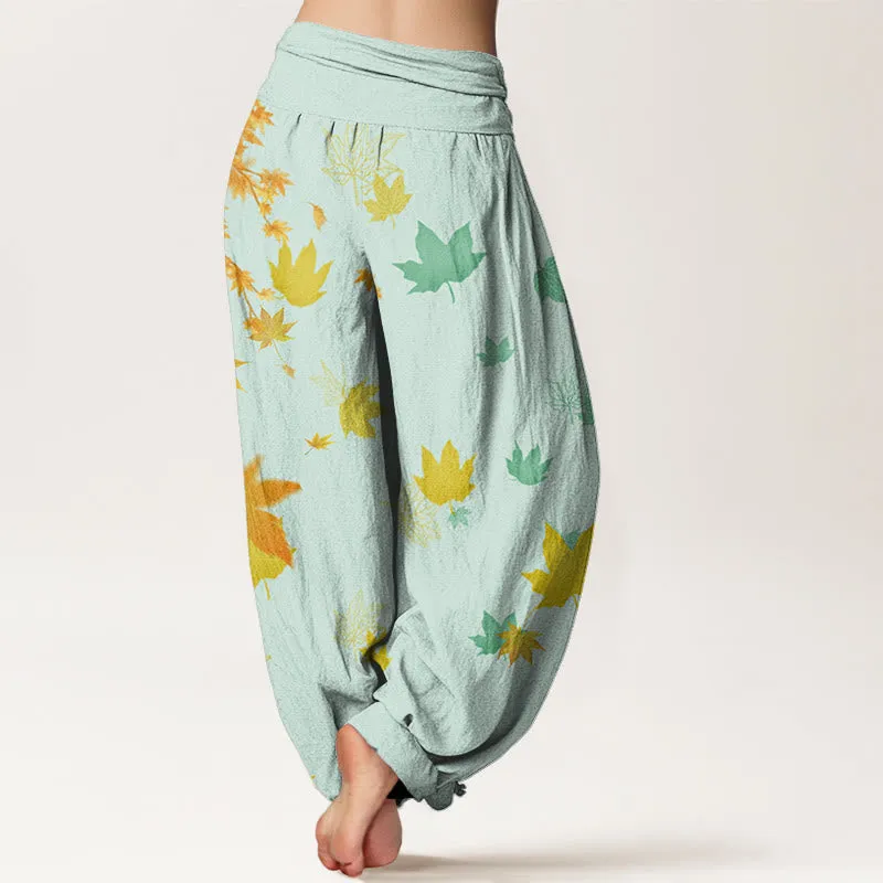 Buddha Stones Maple Leaf Pattern Women's Elastic Waist Harem Pants