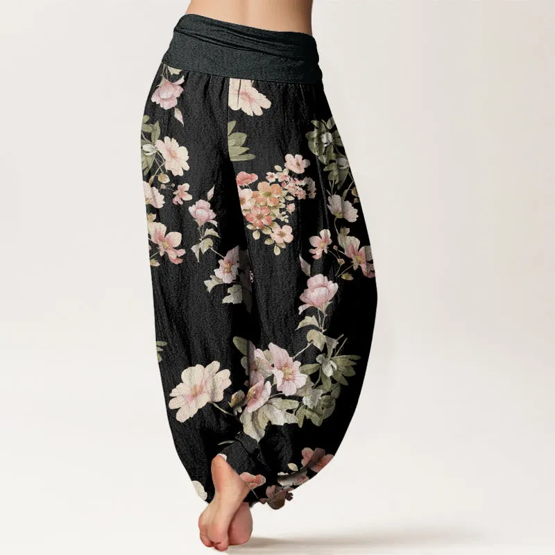 Buddha Stones Pink Pale Orange Flowers Design Women's Elastic Waist Harem Pants