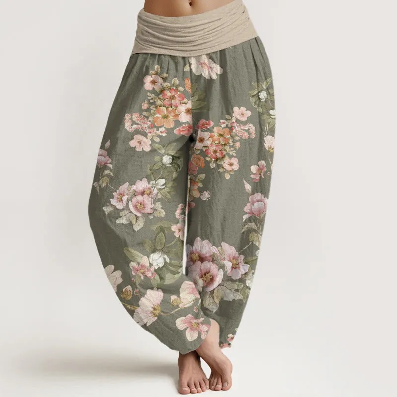 Buddha Stones Pink Pale Orange Flowers Design Women's Elastic Waist Harem Pants