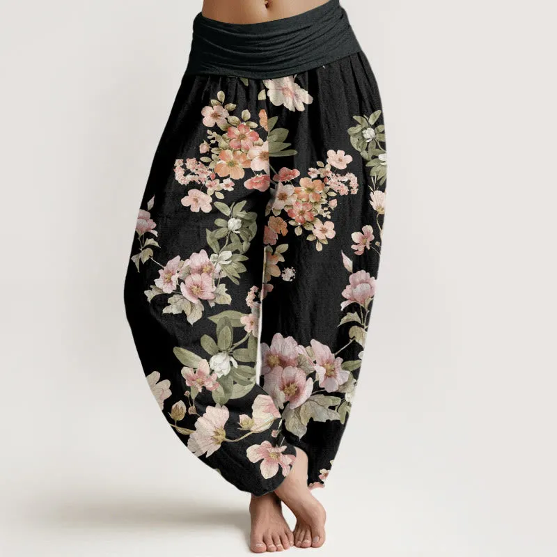 Buddha Stones Pink Pale Orange Flowers Design Women's Elastic Waist Harem Pants