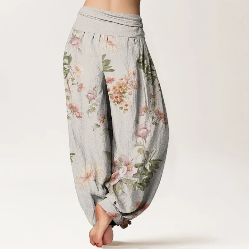Buddha Stones Pink Pale Orange Flowers Design Women's Elastic Waist Harem Pants