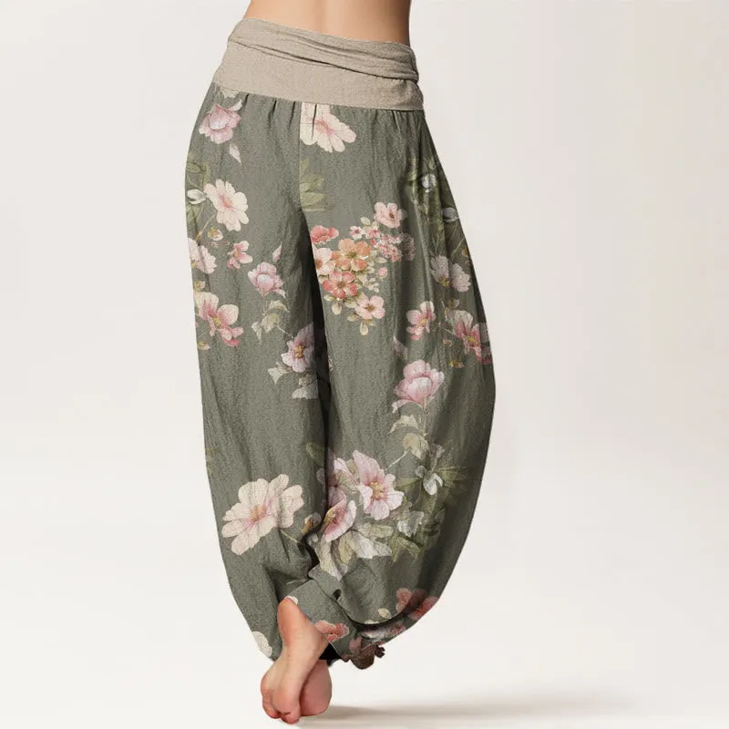 Buddha Stones Pink Pale Orange Flowers Design Women's Elastic Waist Harem Pants