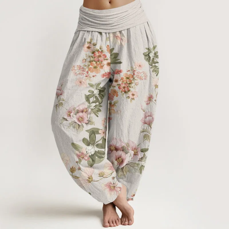 Buddha Stones Pink Pale Orange Flowers Design Women's Elastic Waist Harem Pants