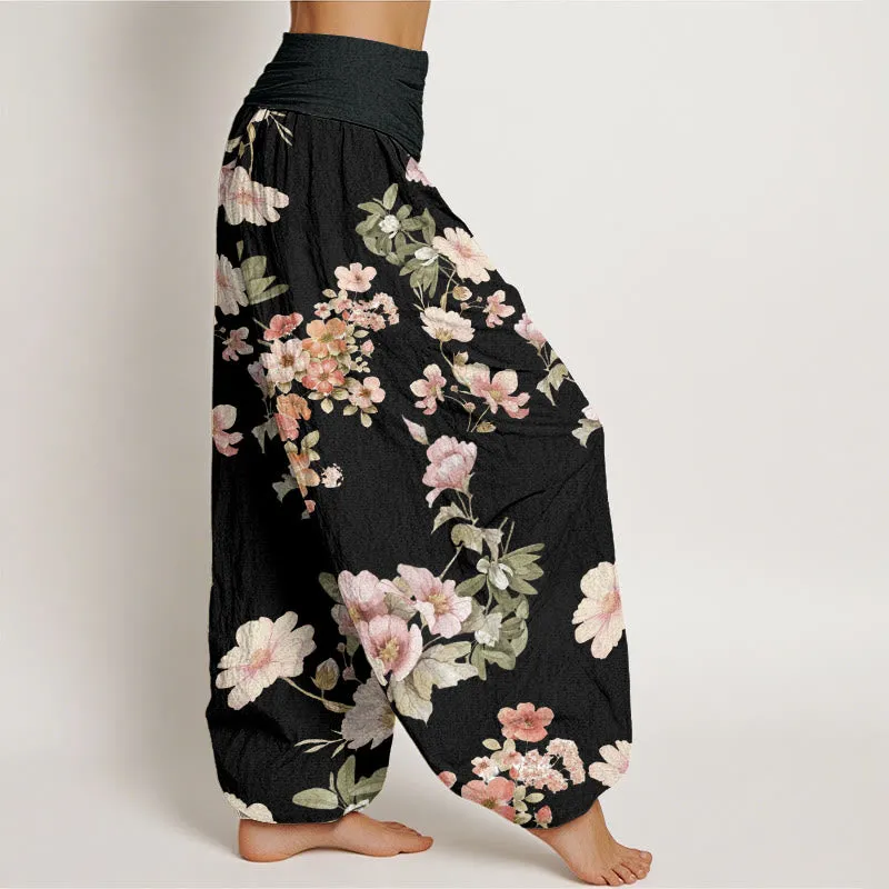 Buddha Stones Pink Pale Orange Flowers Design Women's Elastic Waist Harem Pants