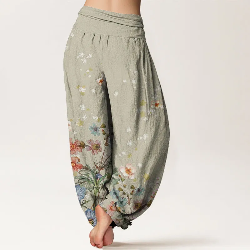 Buddha Stones Various Flowers Pattern Women's Elastic Waist Harem Pants