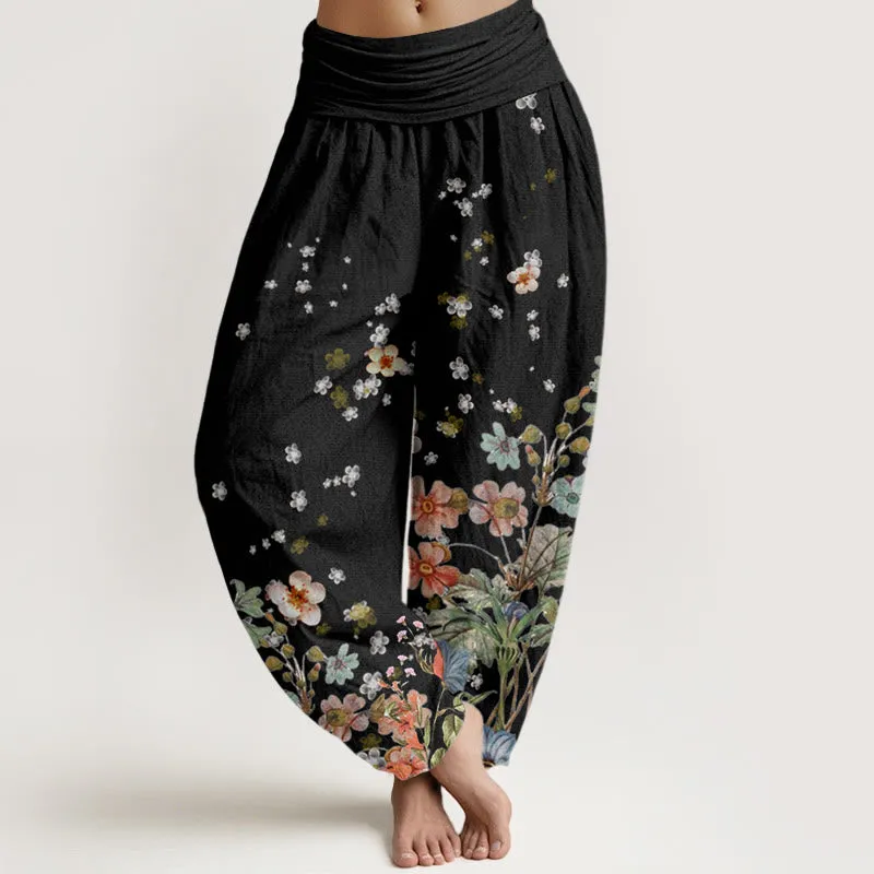 Buddha Stones Various Flowers Pattern Women's Elastic Waist Harem Pants