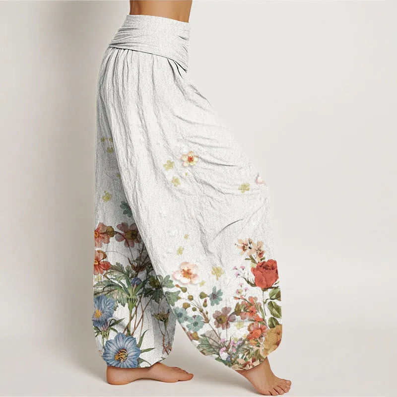 Buddha Stones Various Flowers Pattern Women's Elastic Waist Harem Pants