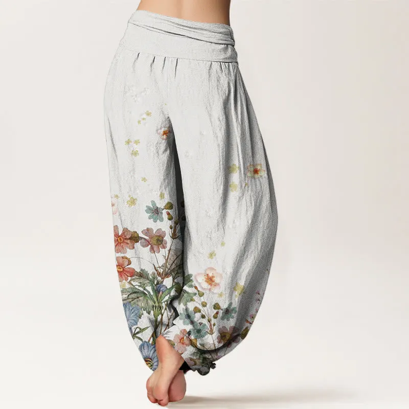 Buddha Stones Various Flowers Pattern Women's Elastic Waist Harem Pants