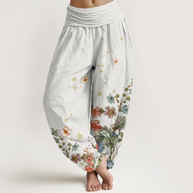 Buddha Stones Various Flowers Pattern Women's Elastic Waist Harem Pants