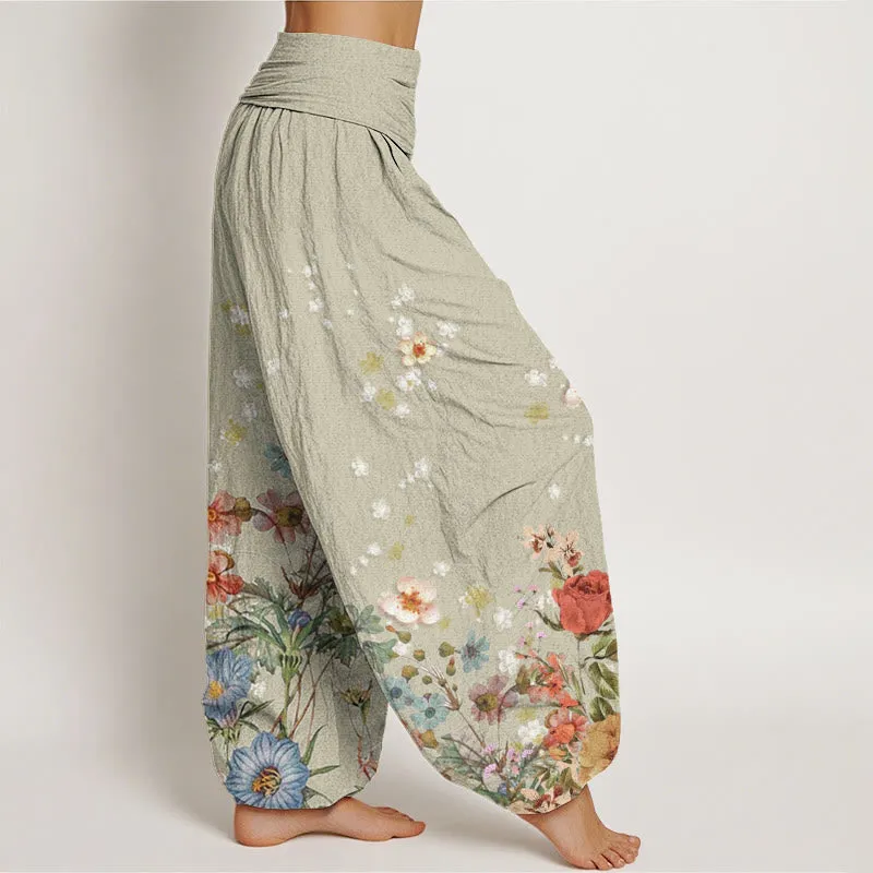 Buddha Stones Various Flowers Pattern Women's Elastic Waist Harem Pants