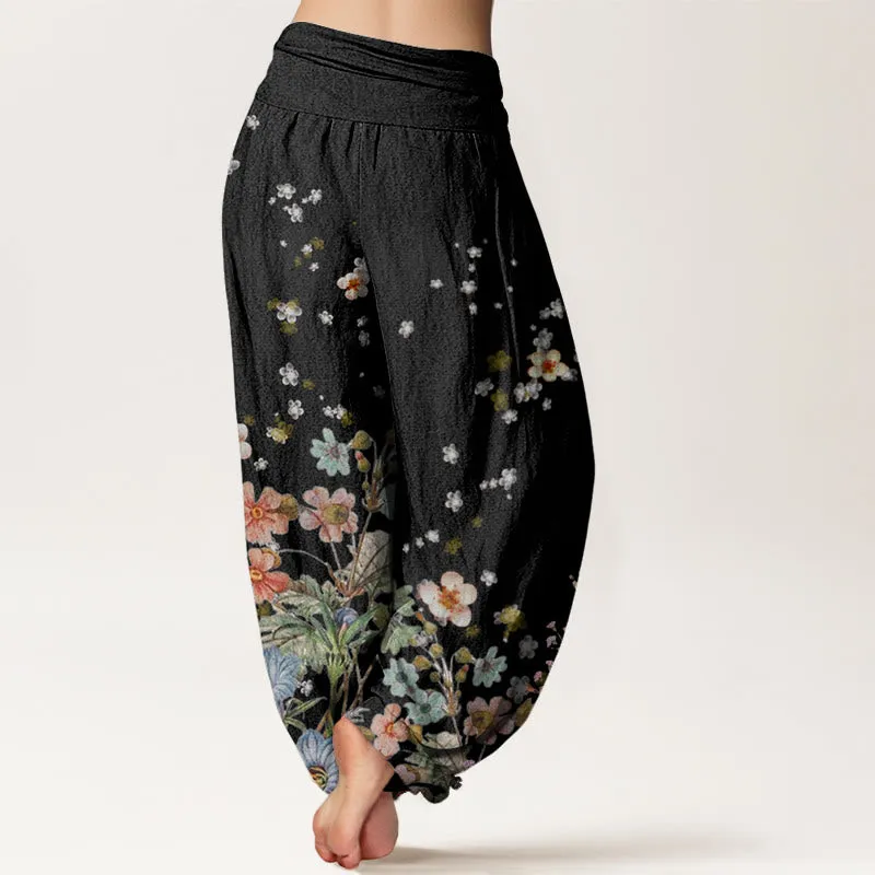 Buddha Stones Various Flowers Pattern Women's Elastic Waist Harem Pants