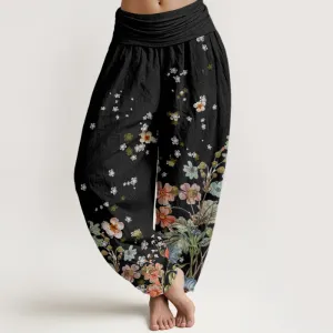 Buddha Stones Various Flowers Pattern Women's Elastic Waist Harem Pants
