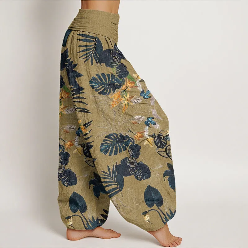 Buddha Stones Yellow Flowers Green Leaves Design Women's Elastic Waist Harem Pants