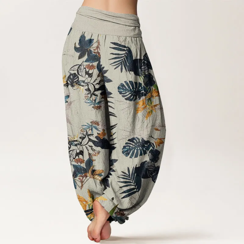 Buddha Stones Yellow Flowers Green Leaves Design Women's Elastic Waist Harem Pants