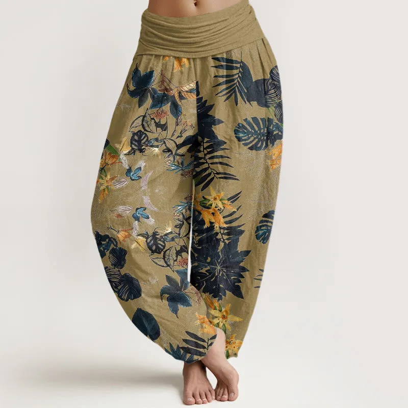 Buddha Stones Yellow Flowers Green Leaves Design Women's Elastic Waist Harem Pants