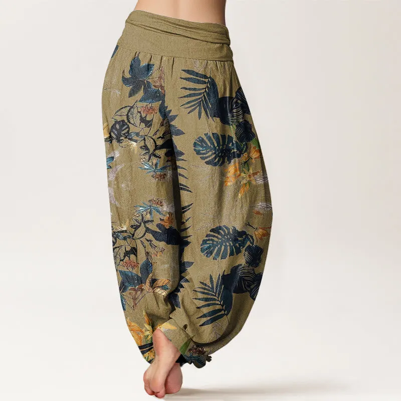 Buddha Stones Yellow Flowers Green Leaves Design Women's Elastic Waist Harem Pants