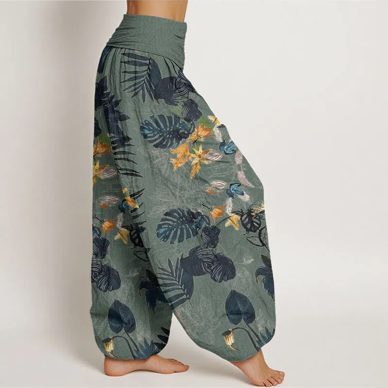 Buddha Stones Yellow Flowers Green Leaves Design Women's Elastic Waist Harem Pants