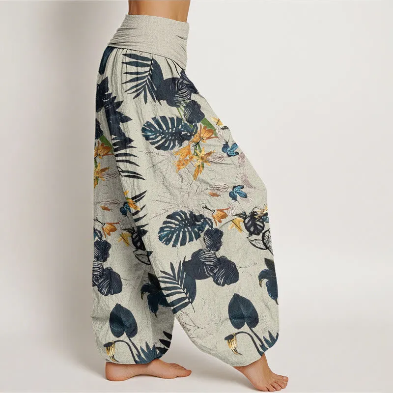 Buddha Stones Yellow Flowers Green Leaves Design Women's Elastic Waist Harem Pants