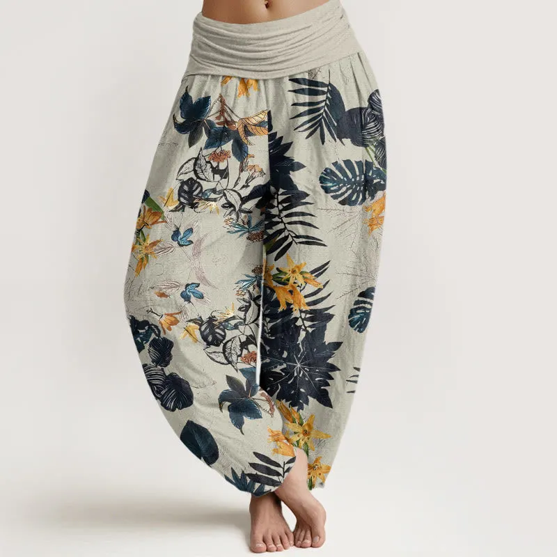 Buddha Stones Yellow Flowers Green Leaves Design Women's Elastic Waist Harem Pants