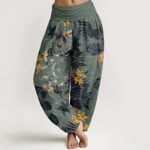 Buddha Stones Yellow Flowers Green Leaves Design Women's Elastic Waist Harem Pants