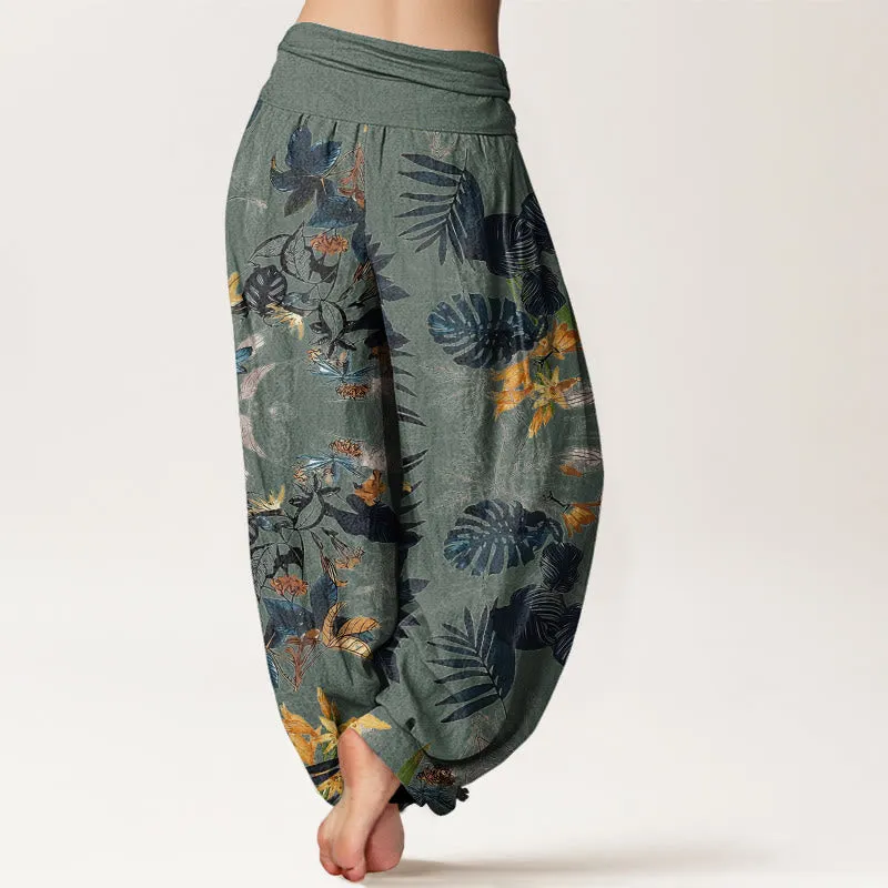 Buddha Stones Yellow Flowers Green Leaves Design Women's Elastic Waist Harem Pants