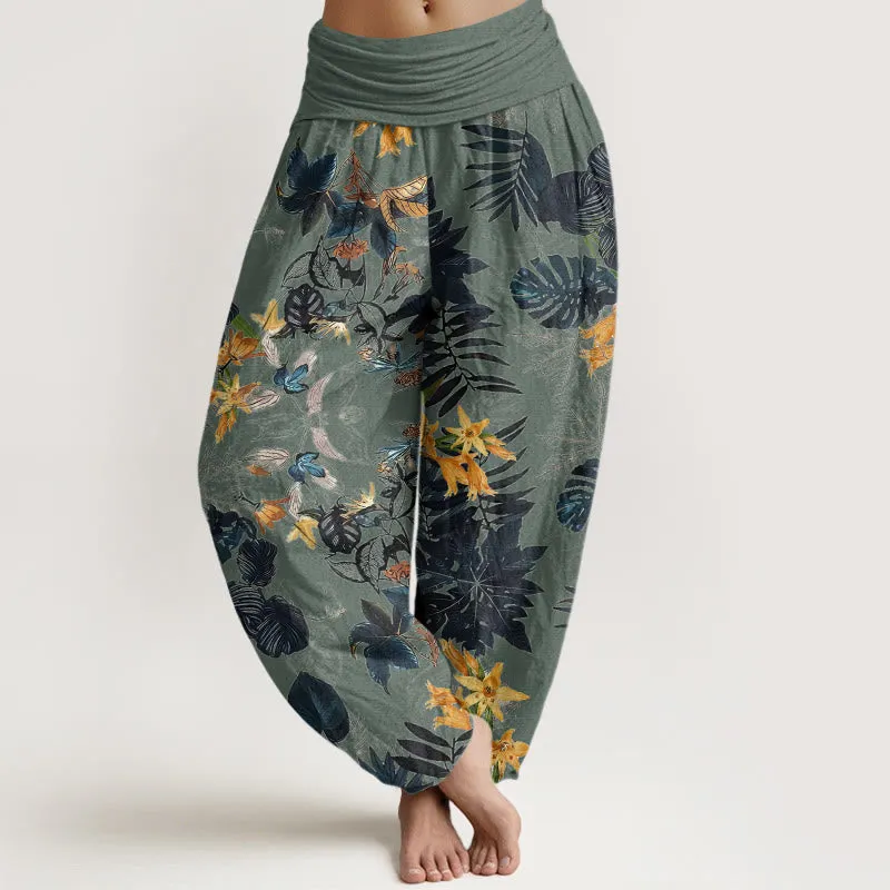 Buddha Stones Yellow Flowers Green Leaves Design Women's Elastic Waist Harem Pants