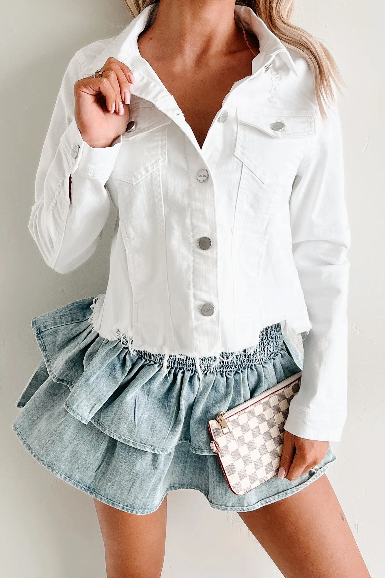 Casual Coolness Raw Hem Denim Jacket (White)