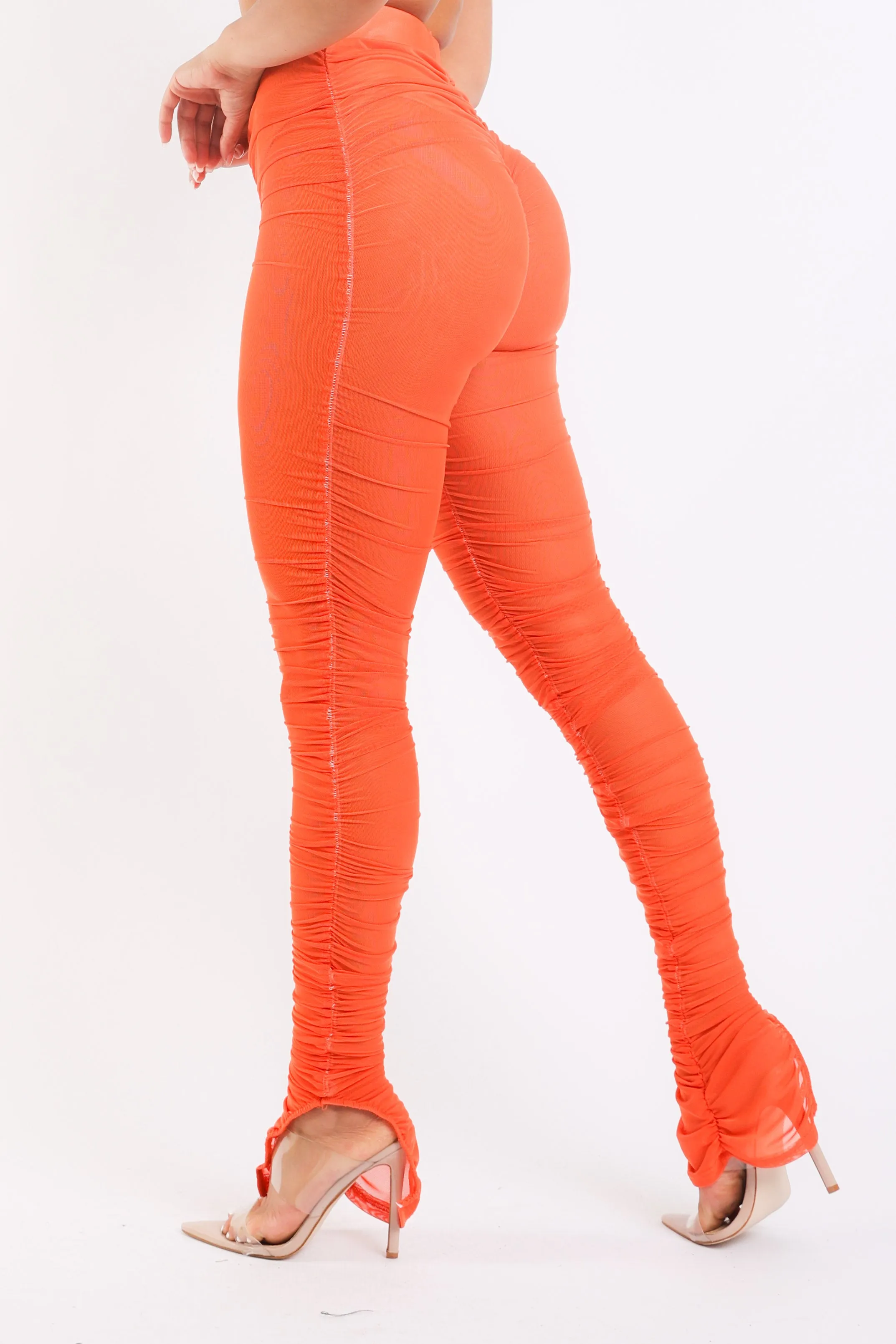 Casual Ruched Mesh Elastic Waist Sexy Leggings Slit Hem ORANGE