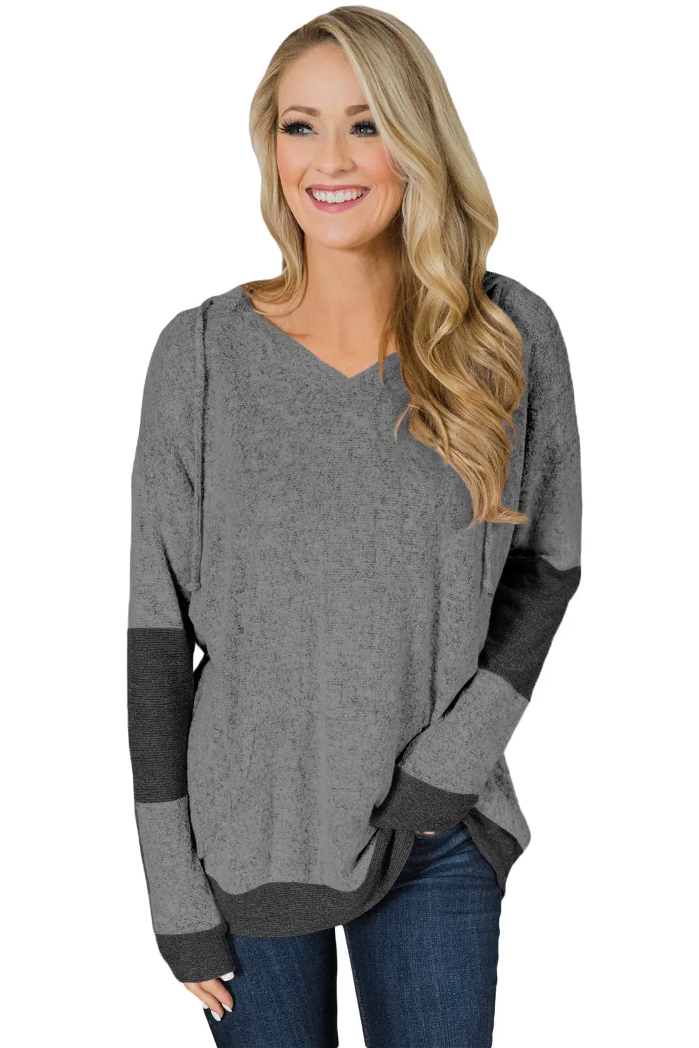 Charcoal V Neck Patchwork Design Hoodie
