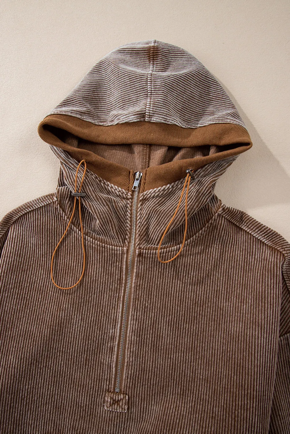 Chestnut Half Zipper Kangaroo Pocket Drawstring Corduroy Hoodie