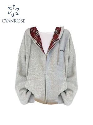 christmas outfit JazzHer Women's Grey Sweatshirt Vintage Streetwear Korean Fashion Harajuku 90s Aesthetic Red Plaid Hoodies Sweatshirt Top Clothes Autumn