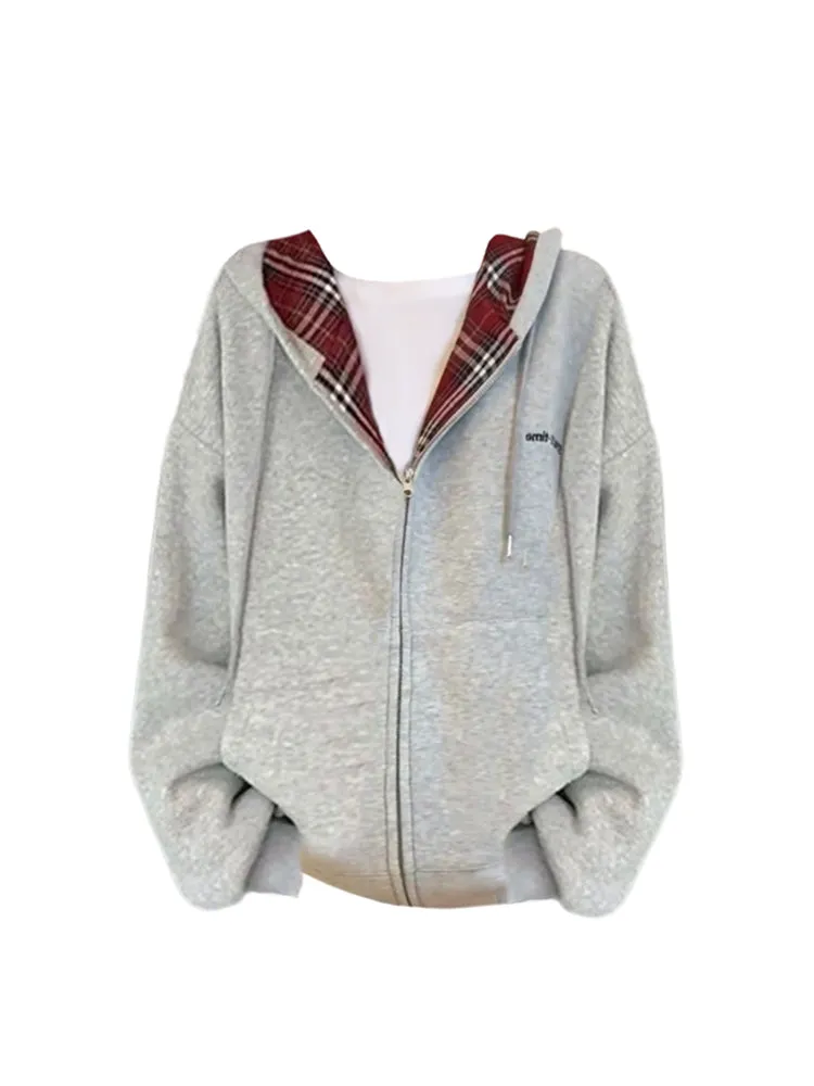 christmas outfit JazzHer Women's Grey Sweatshirt Vintage Streetwear Korean Fashion Harajuku 90s Aesthetic Red Plaid Hoodies Sweatshirt Top Clothes Autumn