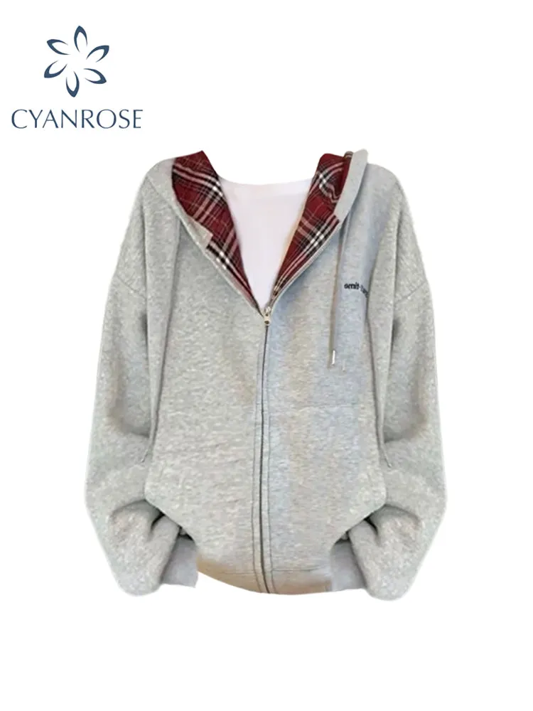 christmas outfit JazzHer Women's Grey Sweatshirt Vintage Streetwear Korean Fashion Harajuku 90s Aesthetic Red Plaid Hoodies Sweatshirt Top Clothes Autumn