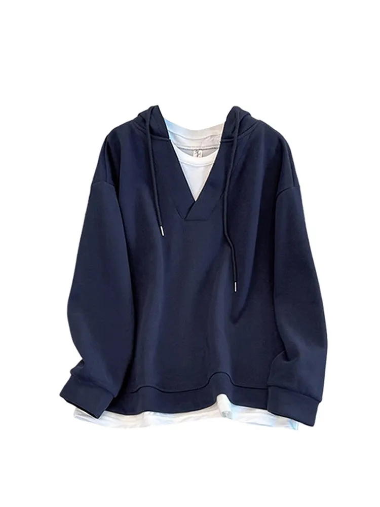 christmas outfit JazzHer Women's Patchwork Long Sleeve Blue Hoodies Pullover 90s Vintage Streetwear 2000s Korean Fashion Harajuku Sweatshirt Top Clothes