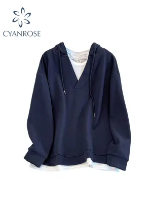 christmas outfit JazzHer Women's Patchwork Long Sleeve Blue Hoodies Pullover 90s Vintage Streetwear 2000s Korean Fashion Harajuku Sweatshirt Top Clothes