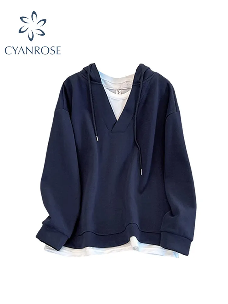 christmas outfit JazzHer Women's Patchwork Long Sleeve Blue Hoodies Pullover 90s Vintage Streetwear 2000s Korean Fashion Harajuku Sweatshirt Top Clothes