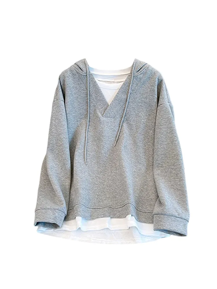 christmas outfit JazzHer Women's Patchwork Long Sleeve Blue Hoodies Pullover 90s Vintage Streetwear 2000s Korean Fashion Harajuku Sweatshirt Top Clothes