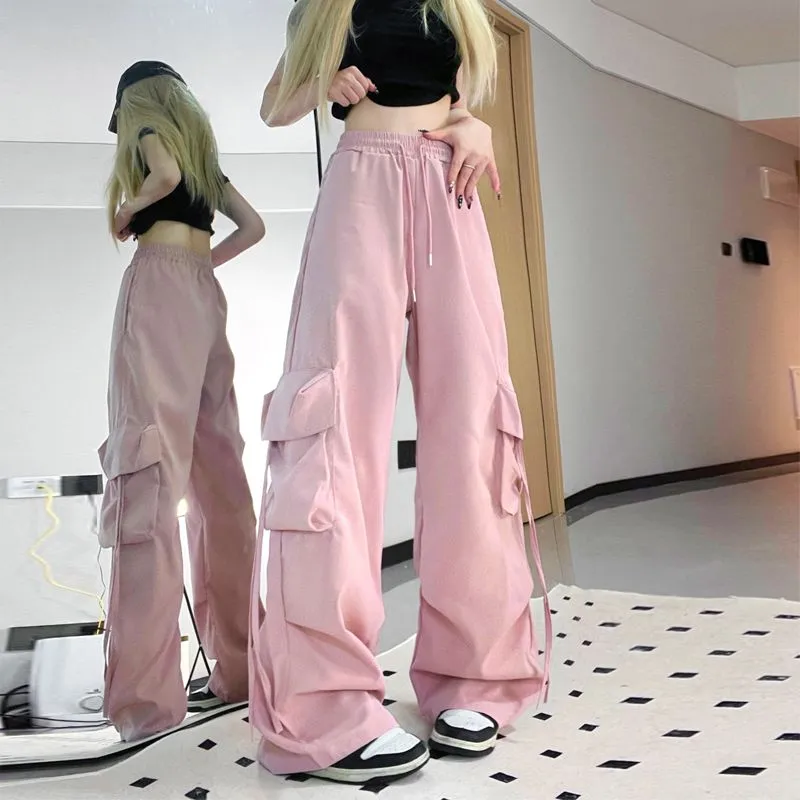 CityHottie - Harajuku Y2k Wide Cargo Pants Women Baggy Hip Hop Style Black Parachute Pants Pink Oversized Joggers Korean Streetwear