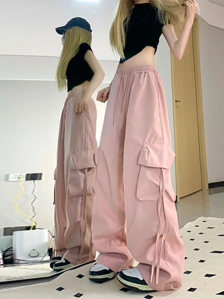 CityHottie - Harajuku Y2k Wide Cargo Pants Women Baggy Hip Hop Style Black Parachute Pants Pink Oversized Joggers Korean Streetwear