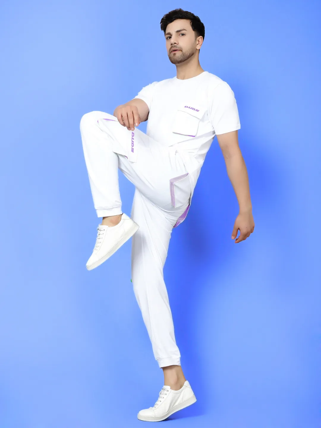 Co-Ord Set Cargo Pants with Cargo T-Shirt (White Lilac Highlighter)