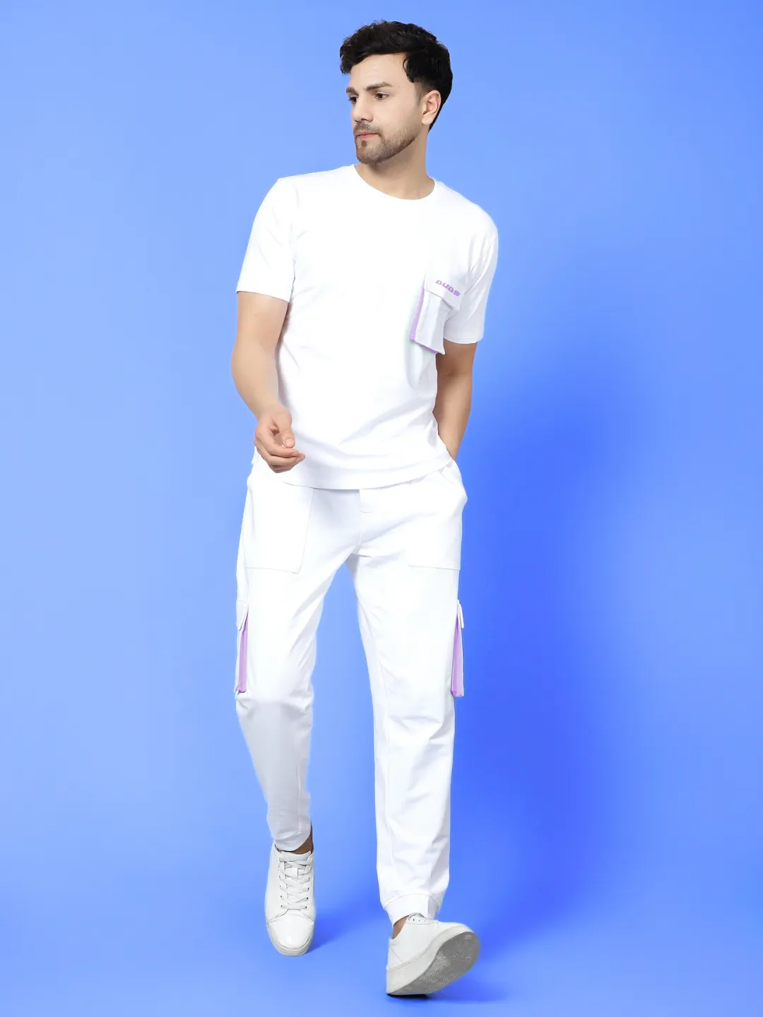 Co-Ord Set Cargo Pants with Cargo T-Shirt (White Lilac Highlighter)