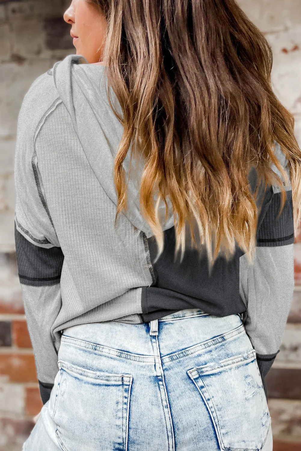 Colorblock Ribbed Henley Hoodie Gridder