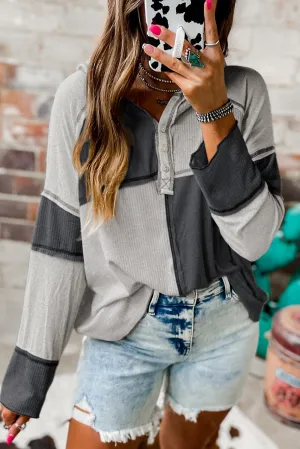 Colorblock Ribbed Henley Hoodie Gridder