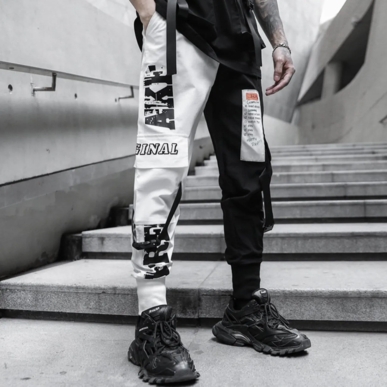Contrast Stitching Ribbon Cargo Pants