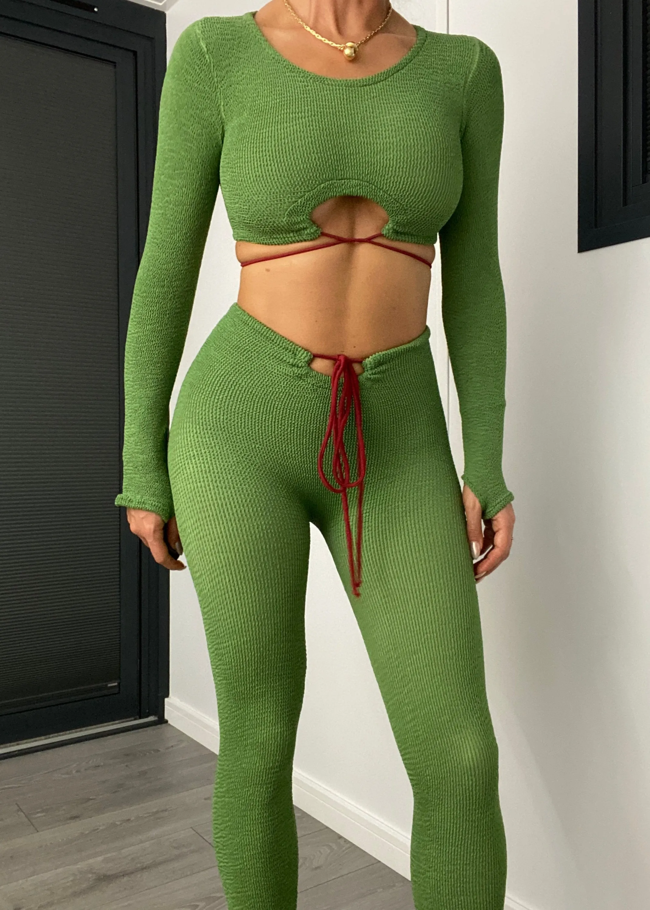 Crinkle Strappy Ties Crop Top & Leggings Set in Palm Green & Burgundy