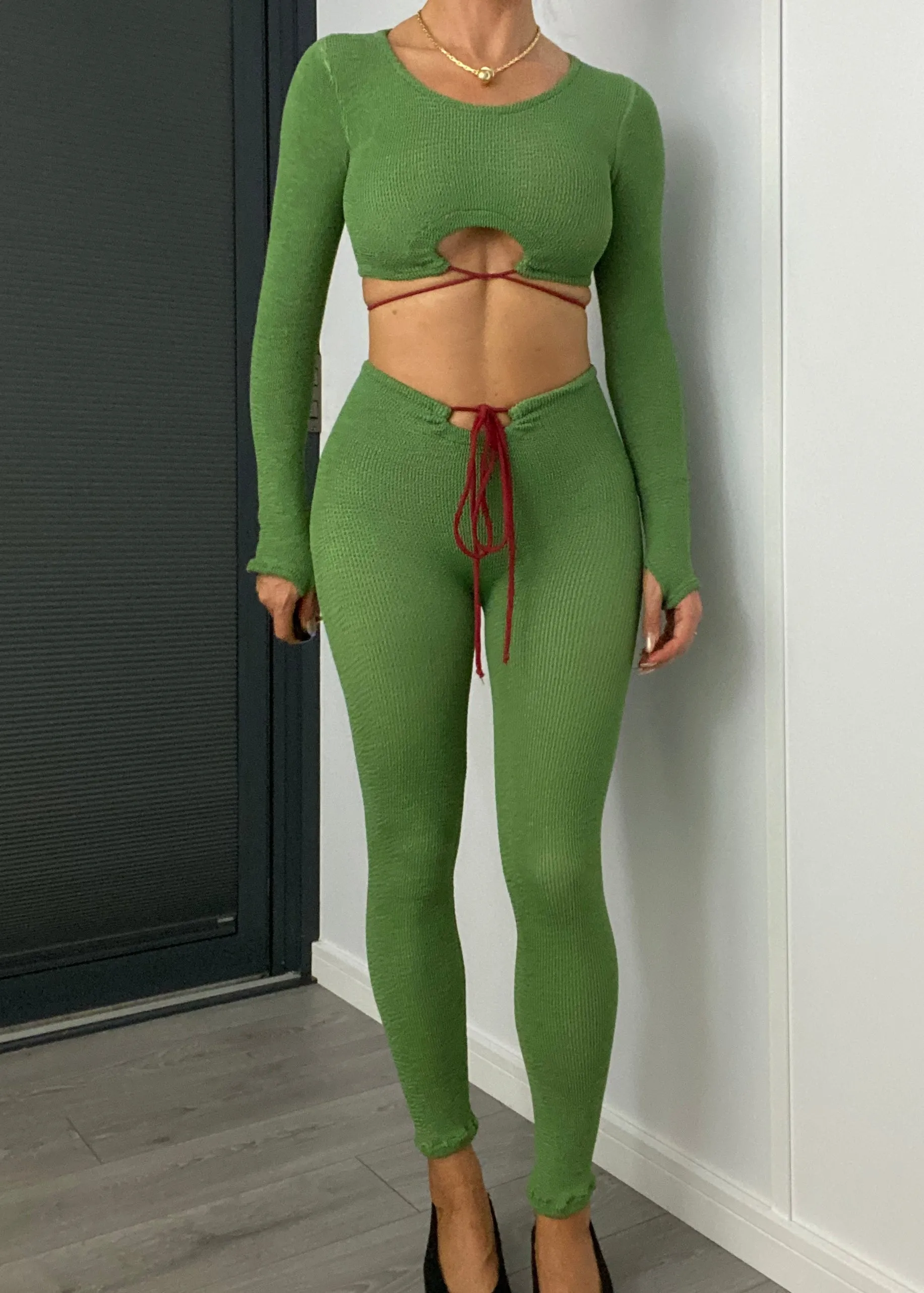 Crinkle Strappy Ties Crop Top & Leggings Set in Palm Green & Burgundy