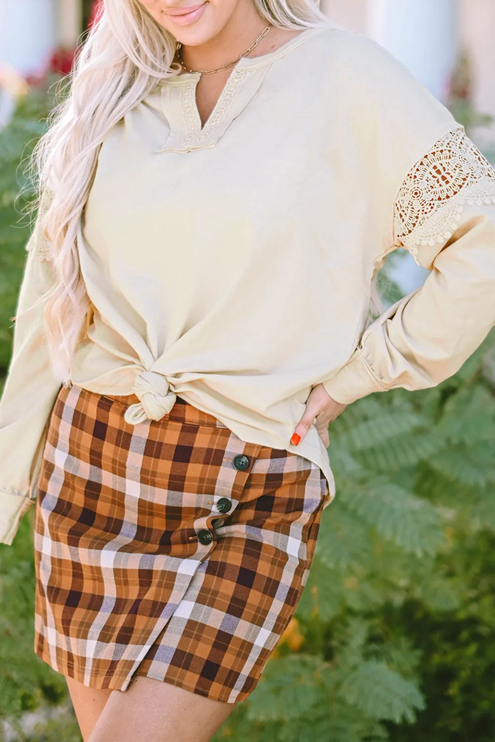 Crochet Insert Round Hem Sweatshirt