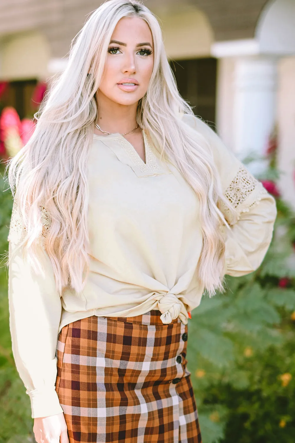 Crochet Insert Round Hem Sweatshirt