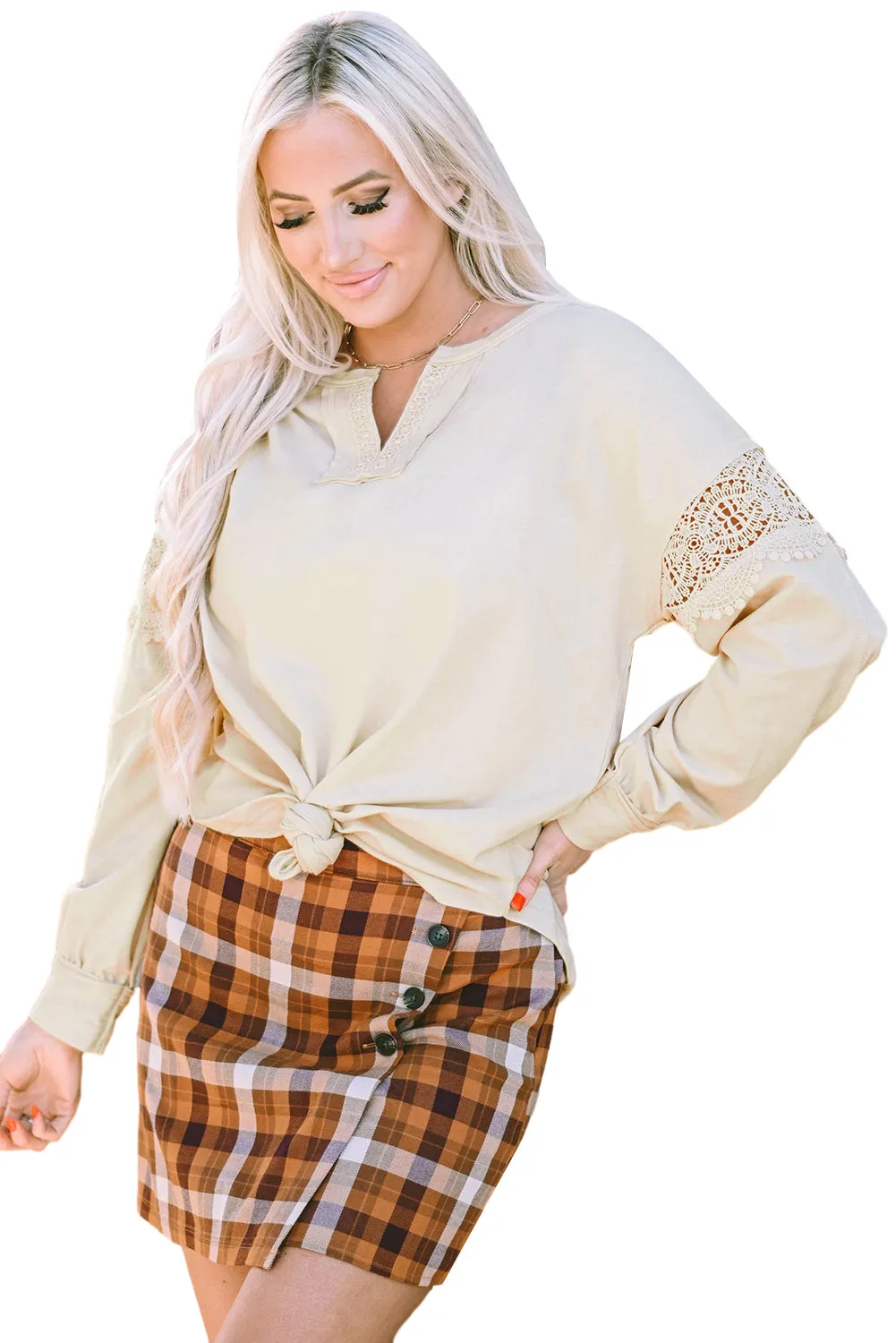 Crochet Insert Round Hem Sweatshirt