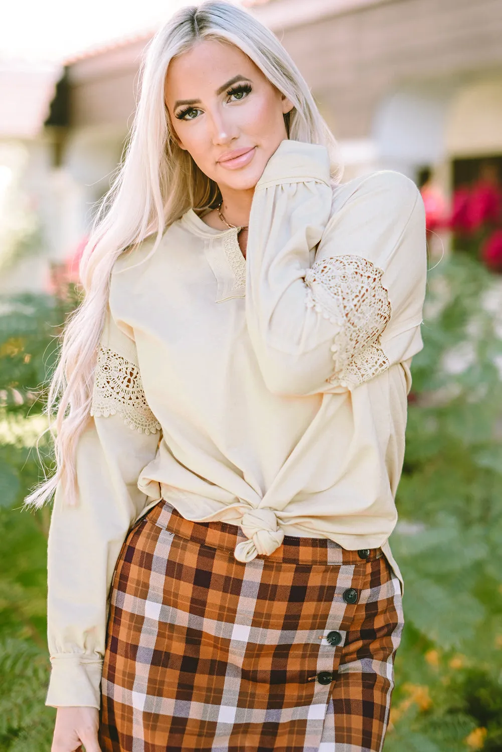 Crochet Insert Round Hem Sweatshirt